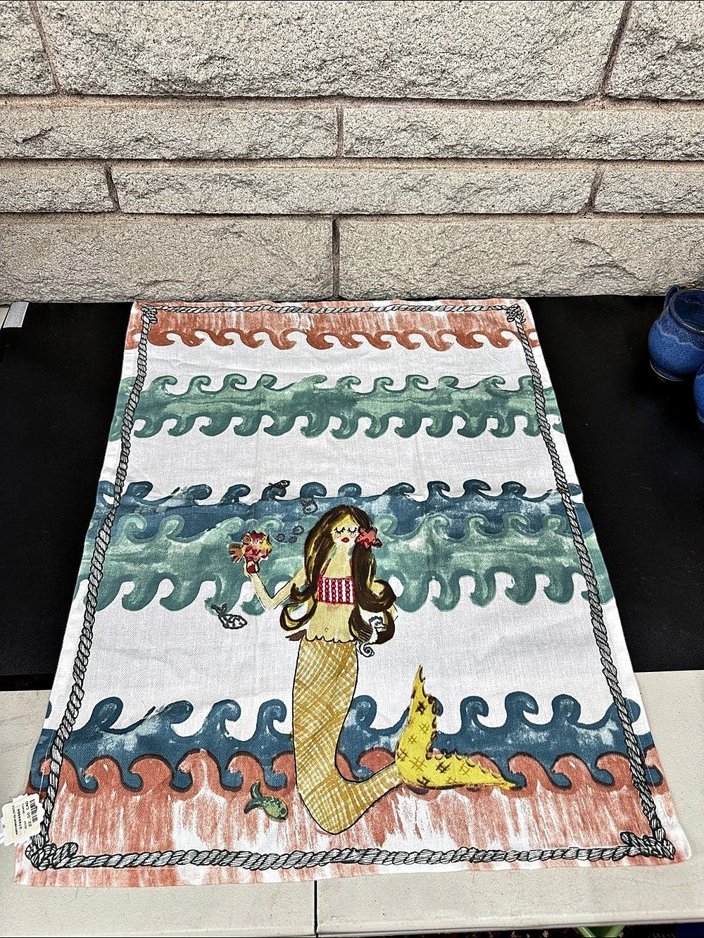 2015 Anthropologie Home Mermaid Ocean Waves Cotton Tea Towel 21x28
